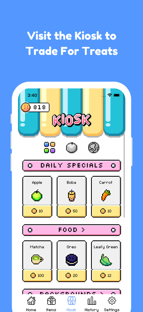 Habbie: Habit Tracker & Pet - Habbie app kiosk screen where users trade coins for virtual pet treats like boba and matcha.