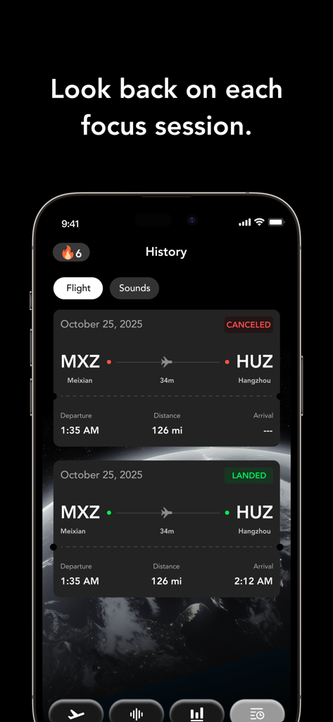 CloudFocus app history screen displaying past focus sessions as detailed airline flight logs.