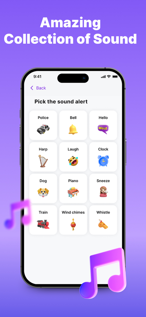 ClapRing: Find Phone By Clap - Interface of ClapRing app showing a collection of sound alert options including police, dog, and piano sounds.
