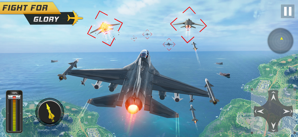 SkyDrift: Airplane Game 3D - Un avión de combate volando sobre el océano durante una misión de combate aéreo en SkyDrift Airplane Game 3D