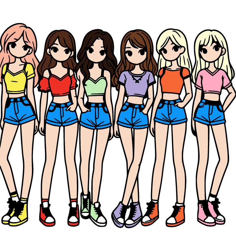 a group of girls wearing crop tops and shorts