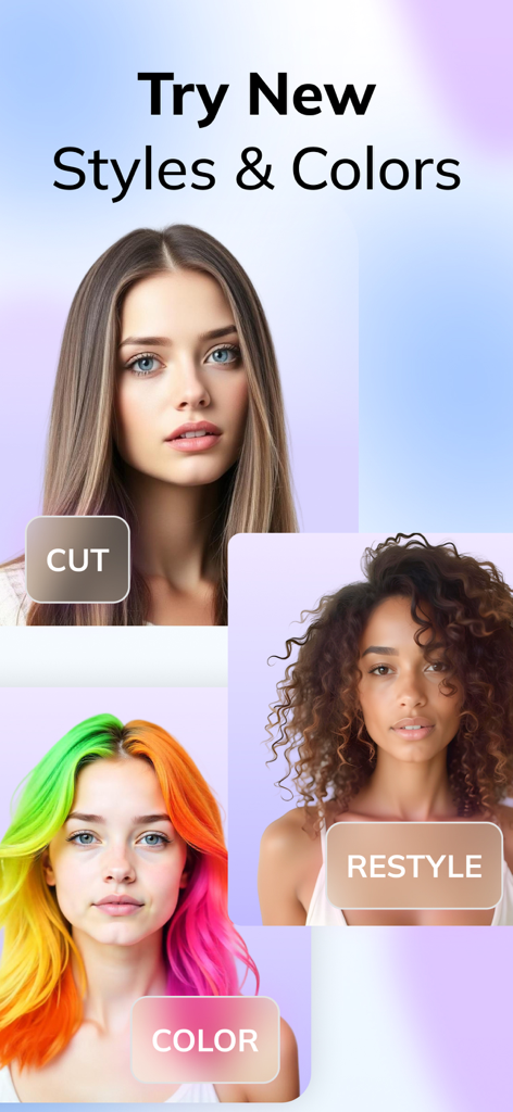 HairApp: AI Hairstyle Try On - HairApp interface showing AI options for changing hair cut style and color on different models
