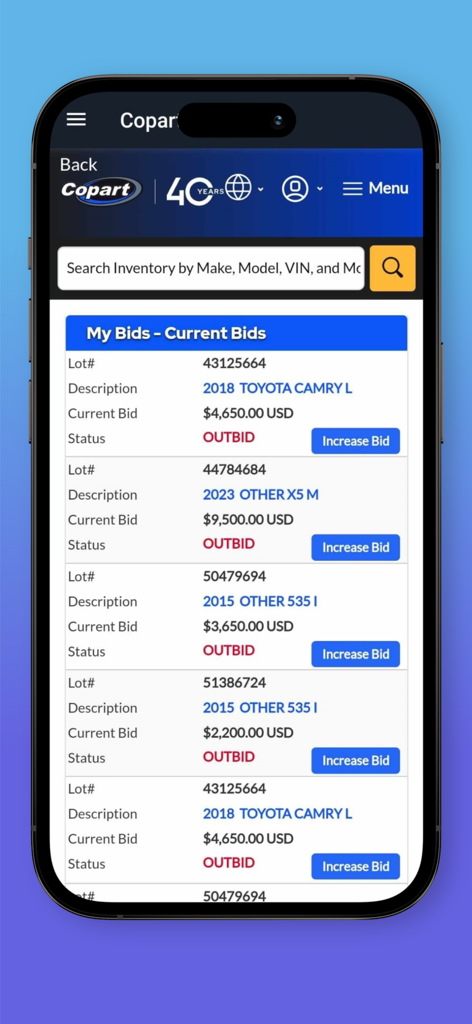 Carspace App - Carspace App screen displaying current vehicle auction bids and status updates for auto importers