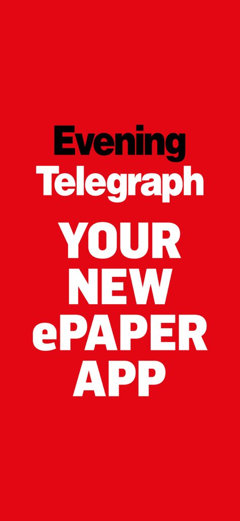 Evening Telegraph your new ePaper app promotional screen with red background