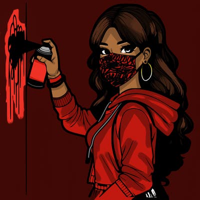 realistic girl with mask spray painting a wall