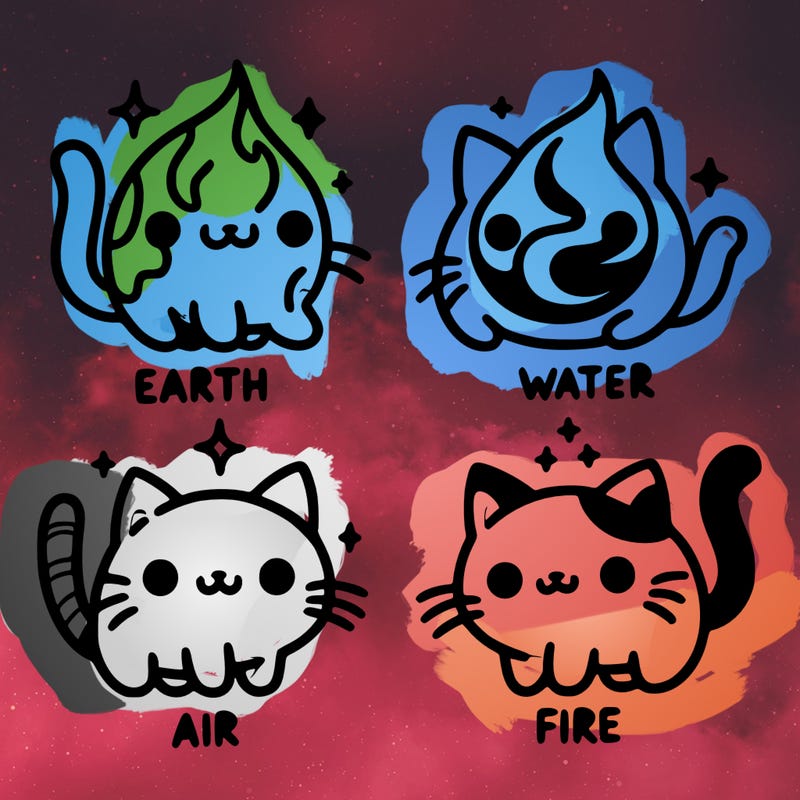 4 cats that represent the different elements, earth, water, air, and fire