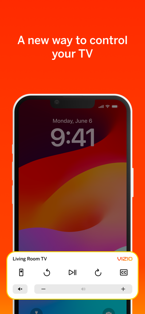 Smartphone displaying the VIZIO mobile remote control interface on a lock screen to control a living room TV