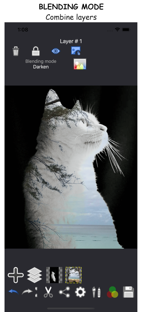 MixArt Photo Editor - A double exposure edit of a cat and a landscape using the blending mode feature in the MixArt Photo Editor app.