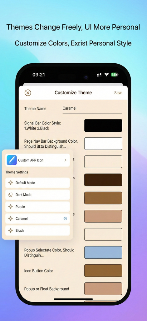Customizable theme settings in the OrigNotes app showing various color and UI options