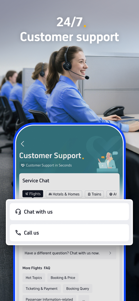 Trip.com app customer support interface with 24/7 live chat and call options
