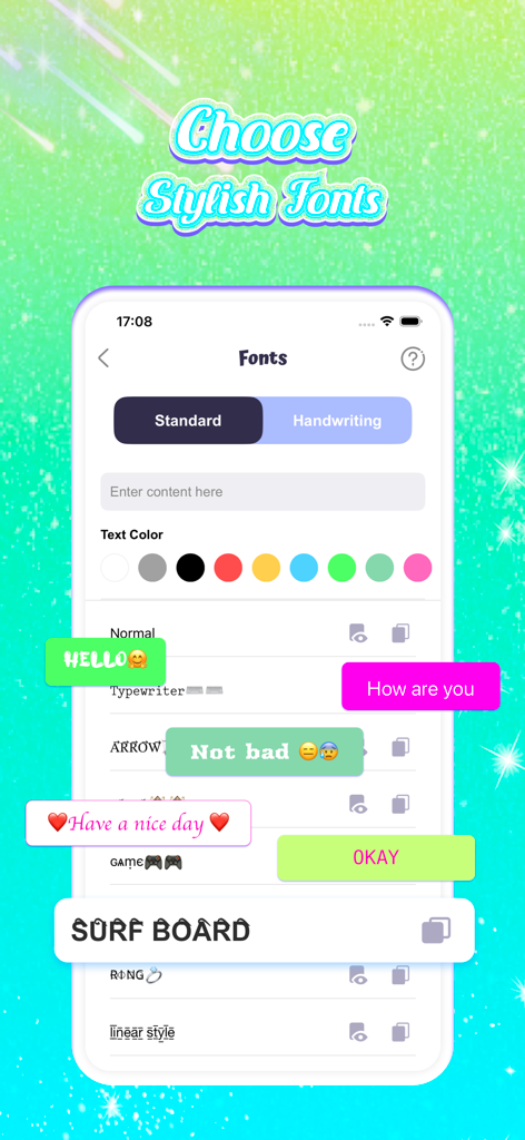 V Keyboard - DIY Themes, Fonts - Interface of V Keyboard app showing different font styles and text color options.