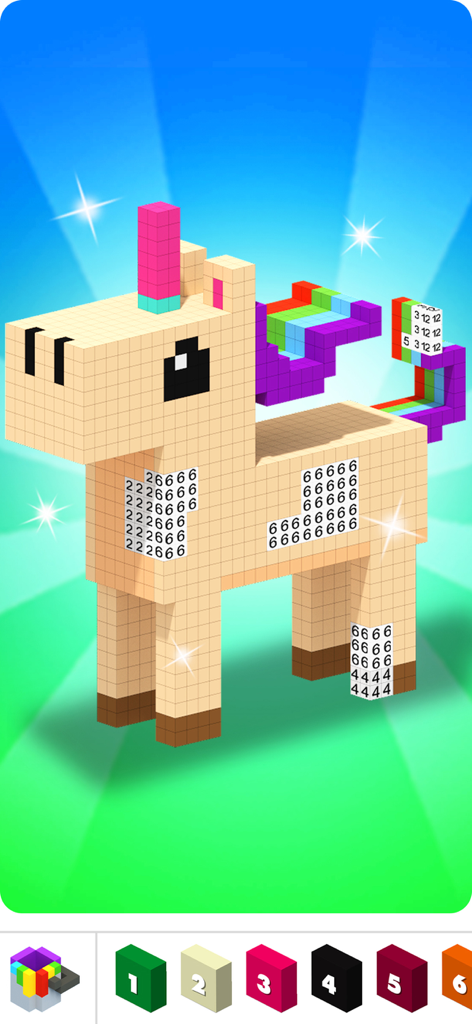 Voxly: Color By Number - Un modelo de unicornio voxel 3D siendo coloreado por números en la interfaz de la aplicación Voxly