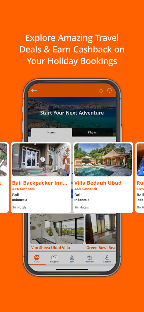 Mobile app screen showing travel deals and cashback for Bali hotels.