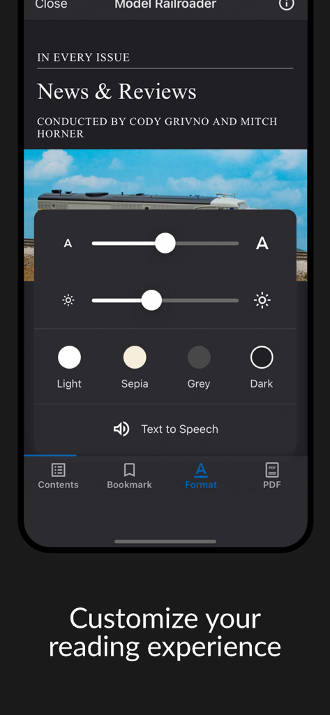 Model Railroader Magazine - Reading customization menu in the Model Railroader app showing options for font size brightness themes and text to speech