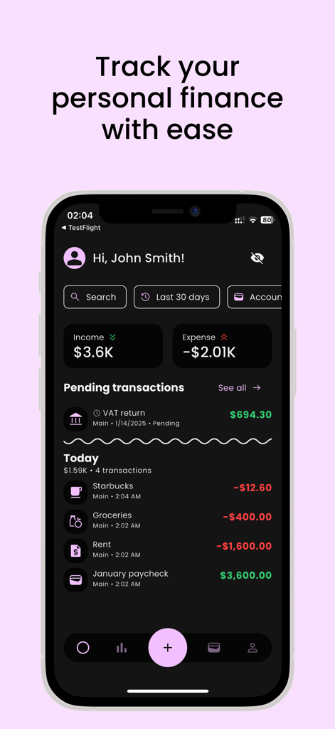 Flow: Expense tracker - Flow expense tracker app dashboard showing income and expense summaries with a list of recent transactions in dark mode