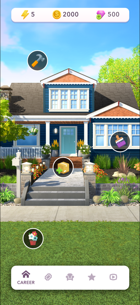Home Design Makeover - Exterior home renovation scene in Home Design Makeover app showcasing a blue house with customization icons.
