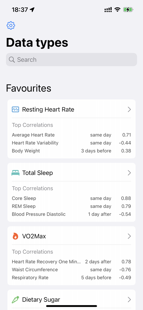 This & That - A mobile app interface displaying correlations between different health data types like heart rate and sleep.