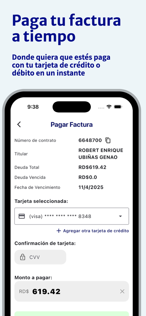 Edenorte - Edenorte mobile app screen for paying electricity bills with a credit or debit card