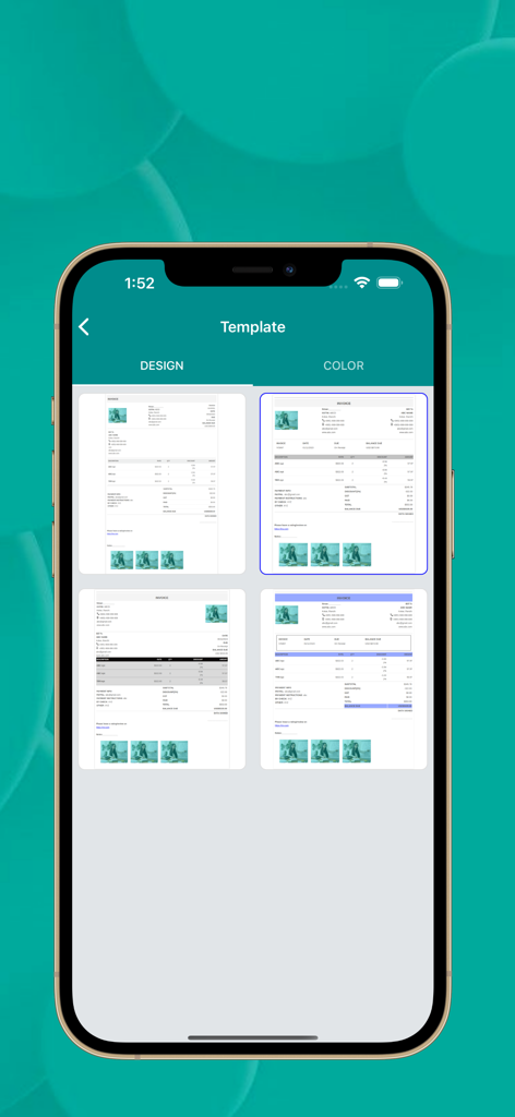 INVOICE SIMPLE - Uma interface de aplicativo móvel exibindo diferentes modelos de fatura profissionais para seleção