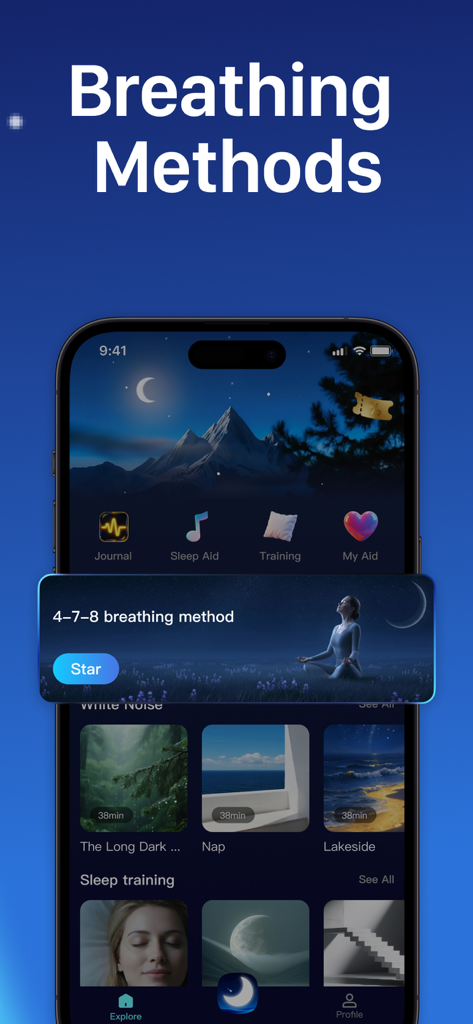 Sleep Tracker: Sleep Recorder - Interfaz de la aplicación Sleep Tracker que muestra el método de respiración 4-7-8 y opciones de ruido blanco