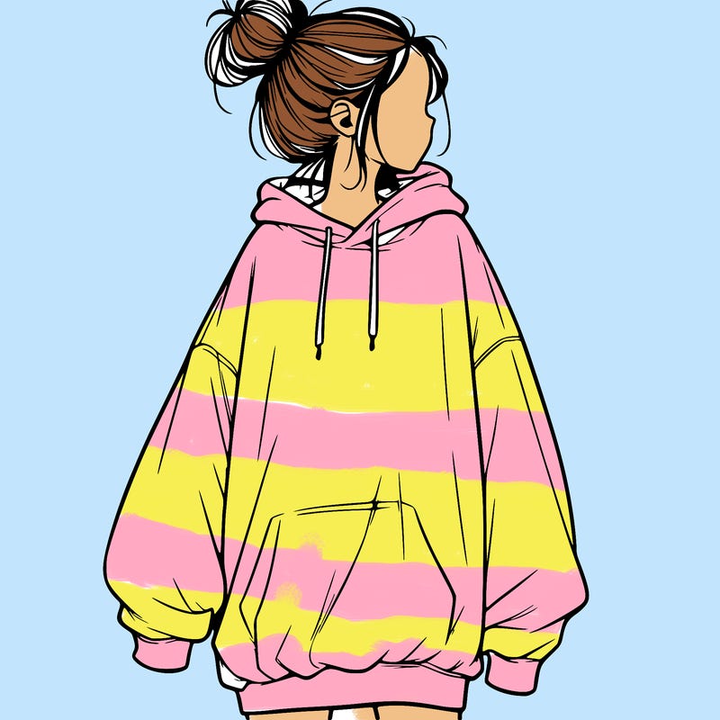 realistic girl with a oversized sweatshirt on and a bun