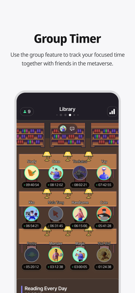A screenshot of the Dote Timer app showing the Group Timer feature with a virtual library setting where users study together.