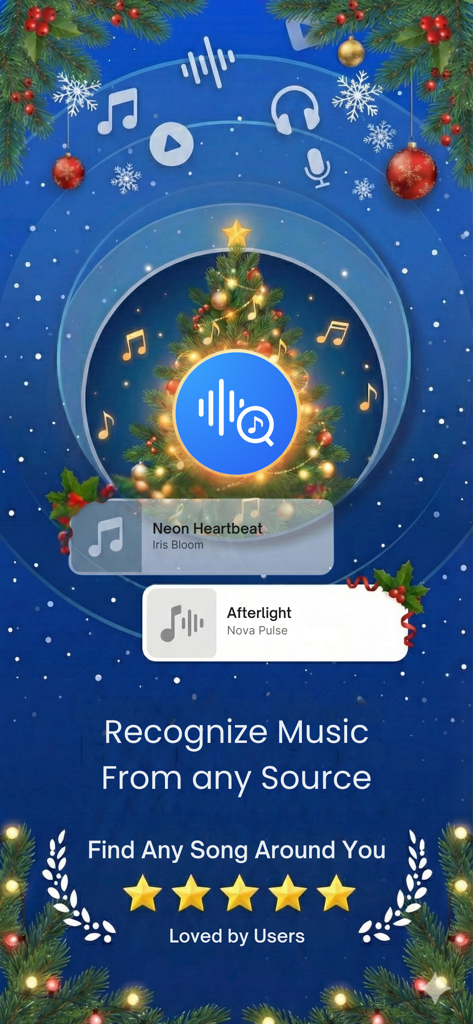 Song Identifier: Music Finder - A interface do aplicativo Song Identifier Music Finder apresentando um tema festivo de Natal com ferramentas de reconhecimento de música.