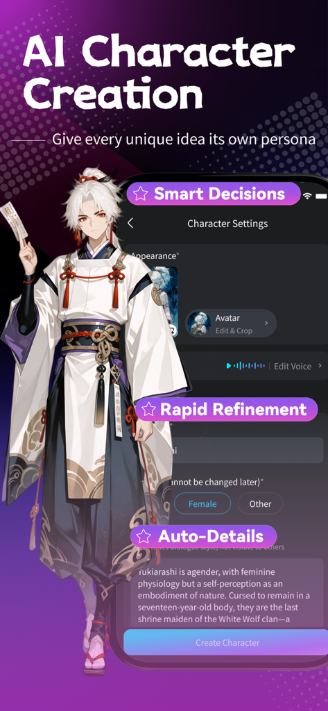 Rubii: AI Characters Community - 애니메이션 아바타와 사용자 지정 옵션이 있는 Rubii의 AI 캐릭터 생성 설정, 애니메이션 아바타 및 사용자 지정 옵션을 보여주는 모바일 앱 인터페이스