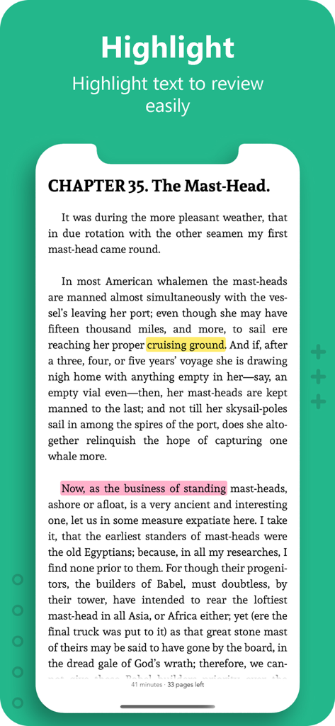 Gutenberg Ebook Reader app interface showing highlighted text in a classic ebook