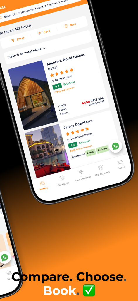 Screenshot of the Otlaat app showing hotel search results in Dubai with guest ratings and prices including VAT
