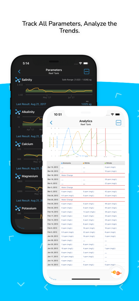Aquarimate - Aquarimate app interface displaying reef tank parameter trends and water quality analytics charts