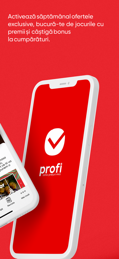 Profi - 빨간색 배경의 주간 혜택 및 보상을 보여주는 Profi 모바일 앱 스마트폰 화면