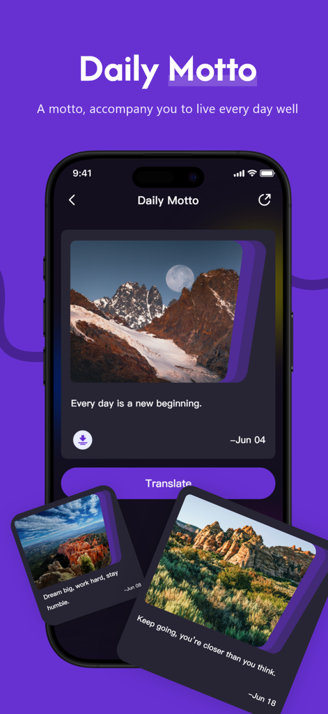 Global Translator - Talk Flow - Smartphone screen displaying the Daily Motto feature of the Global Translator app with motivational quotes and nature images.