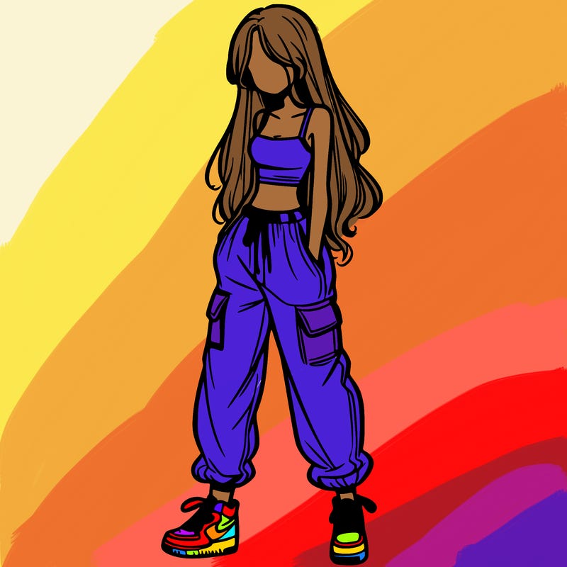 girl in baggy pants crop top and long hair