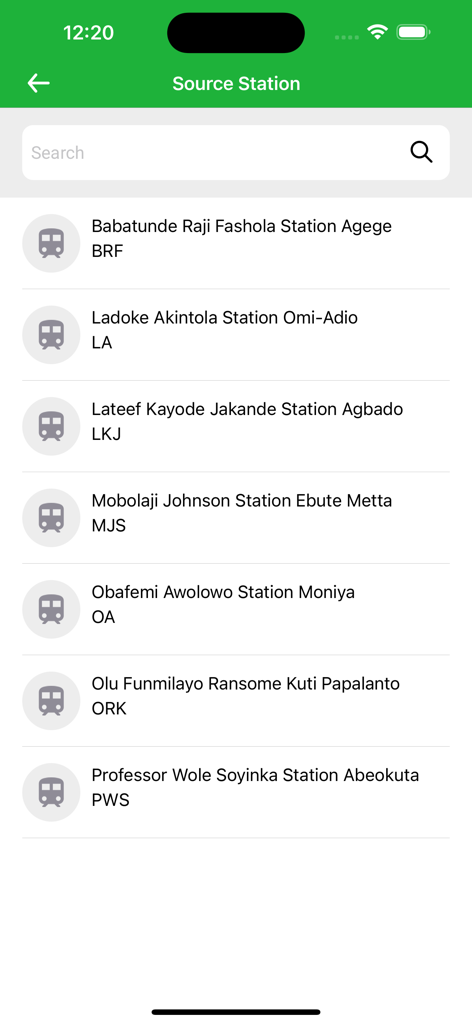 NRC LITS ticket Booking App - List of Nigerian railway source stations in the NRC LITS ticket booking app including Agege and Ebute Metta