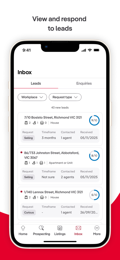 Ignite by realestate.com.au - Real estate agent inbox displaying property leads in the Ignite app