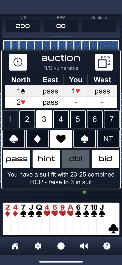 Classic Bridge - Bidding auction interface in the Classic Bridge mobile game showing bidding history and strategic hints