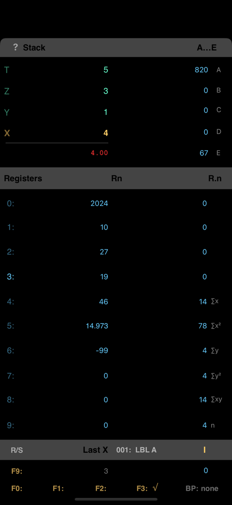 Interface of the RPN-67 SD app showing the calculator stack and memory registers