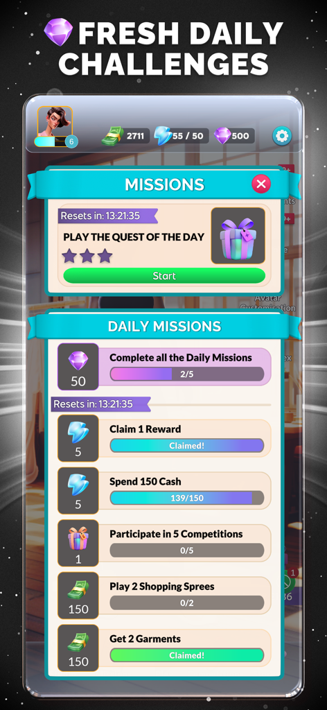 Fashion League: Runway Battles - Schermata dei premi per le missioni giornaliere di Fashion League Runway Battles