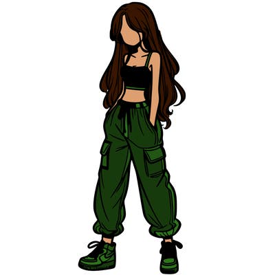 girl in baggy pants crop top and long hair