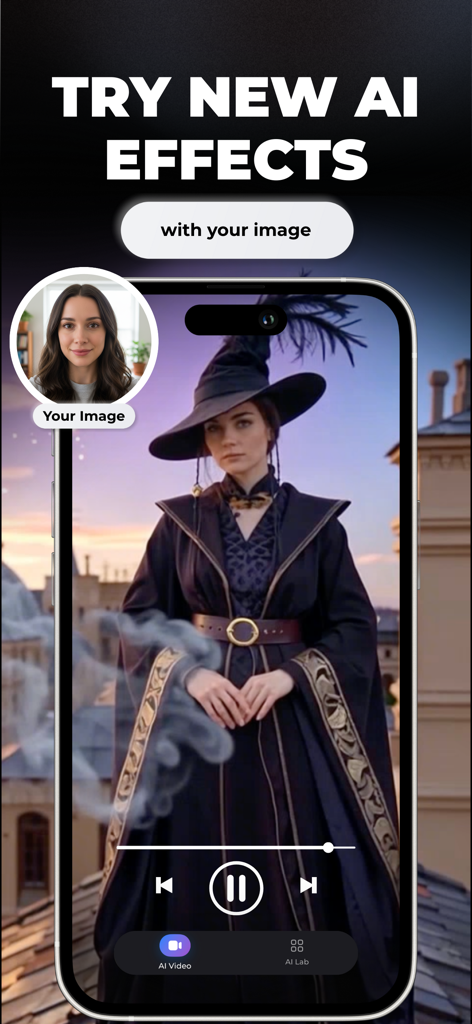 AI Video Generator Astoria - Interfaz de la aplicación generadora de vídeos Astoria AI que muestra la transformación con efecto de bruja de fantasía a partir de una foto del usuario.