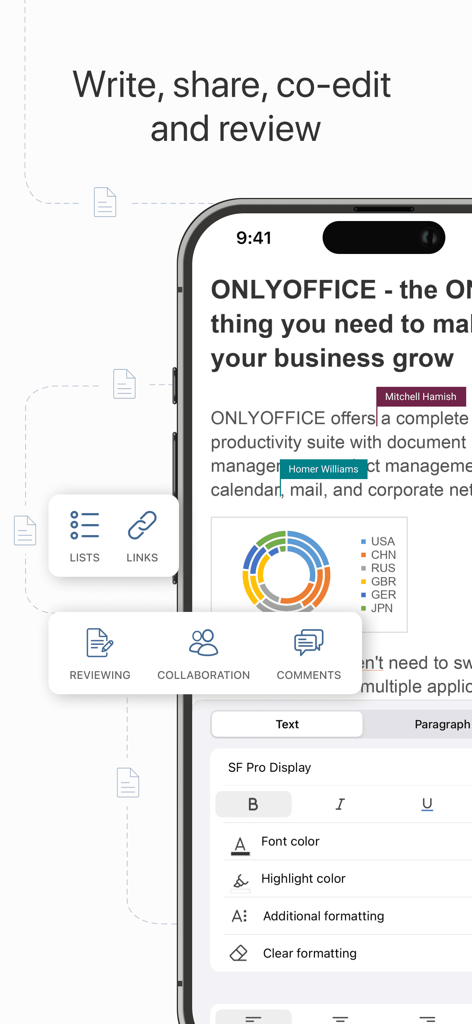 ONLYOFFICE Documents - ONLYOFFICE Documents mobile app interface showing document editing and real-time collaboration.