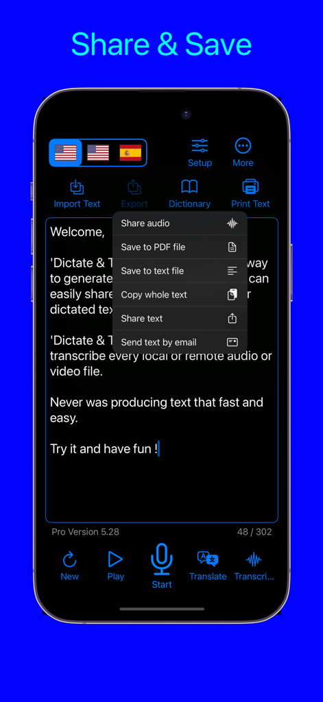 Dictation Pro - Voice to Text - Sharing and saving options menu in Dictation Pro voice to text app