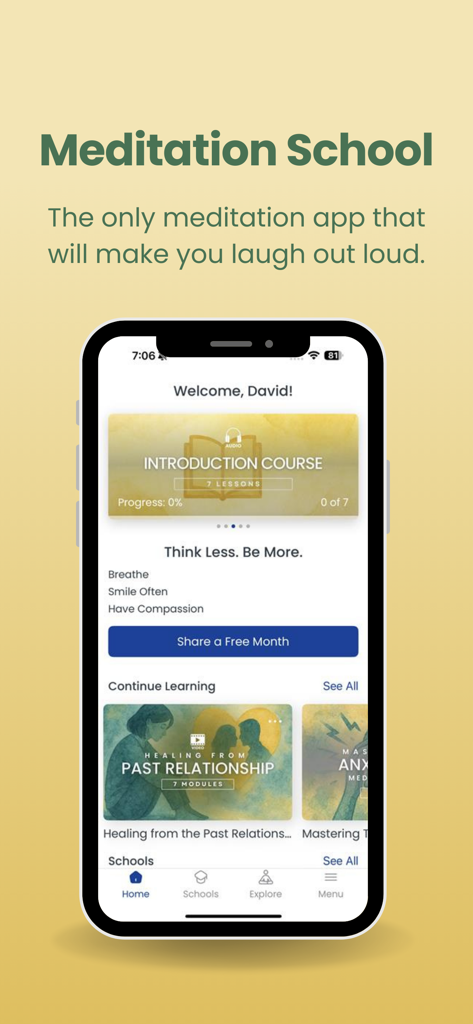 Meditation School Inc. - Meditation School app home screen featuring the introduction course and personal spiritual growth modules