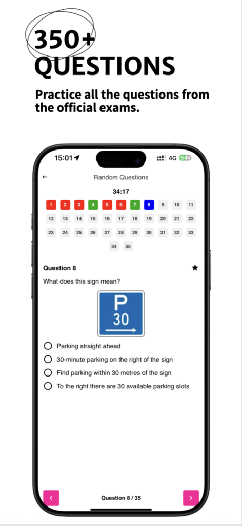 NZ Driving Theory Test PRO - Ecrã de teste prático do NZ Driving Theory Test PRO com uma questão de sinalização rodoviária