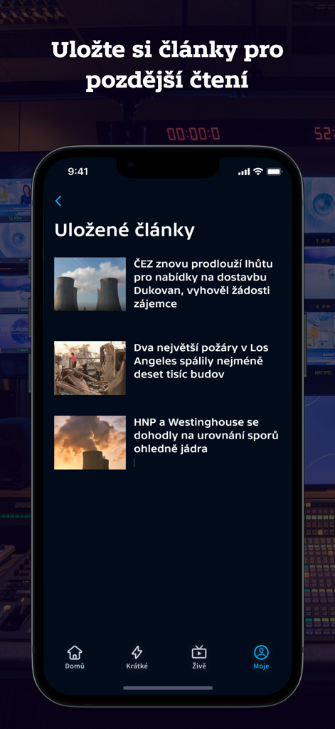 ČT24 - Mobile interface of the CT24 news app showing the saved articles section in Czech language
