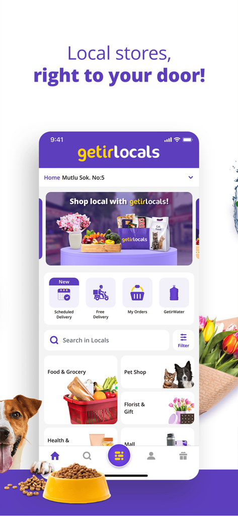 getir: groceries, food&beyond - 地元の食料品、ペットショップ、花屋の配達オプションを表示するGetirLocalsアプリ画面