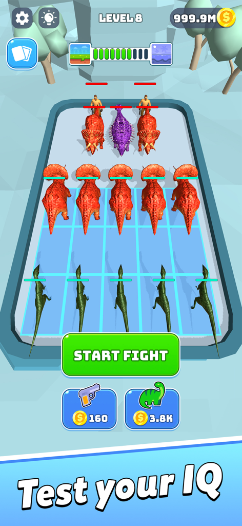 Merge Master: Dinosaurs Game - In-game screen of Merge Master Dinosaurs Game showing various dinosaurs ready for battle.