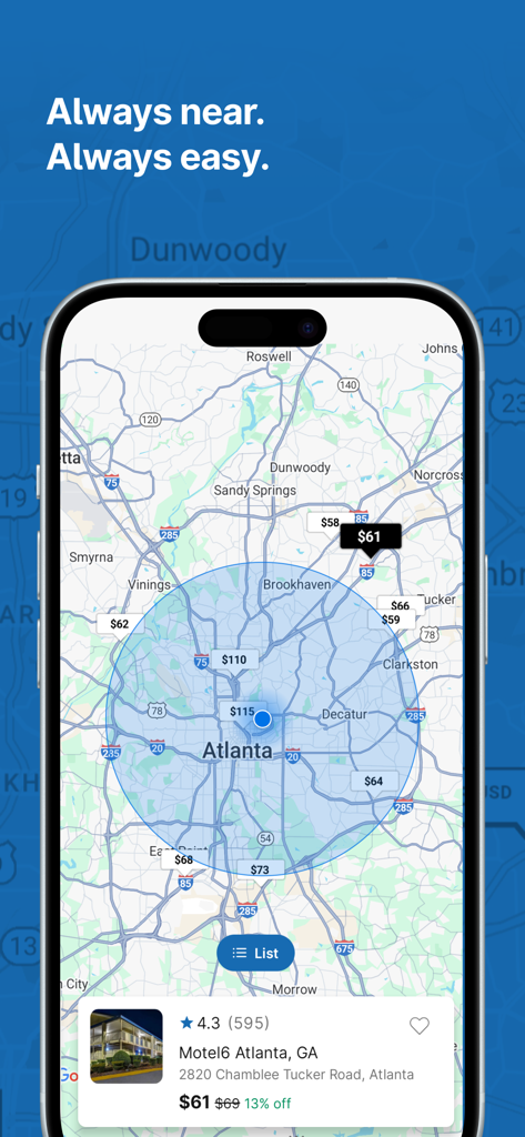 Interactive map in the My6 app showing Motel 6 locations and prices in Atlanta
