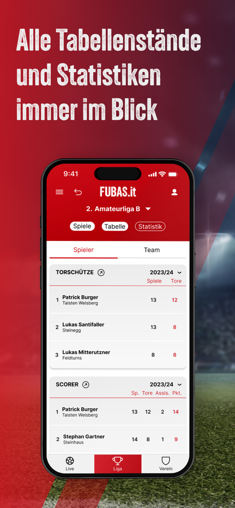 Fubas - Smartphone screen showing player statistics and goal scorers on the Fubas sports app